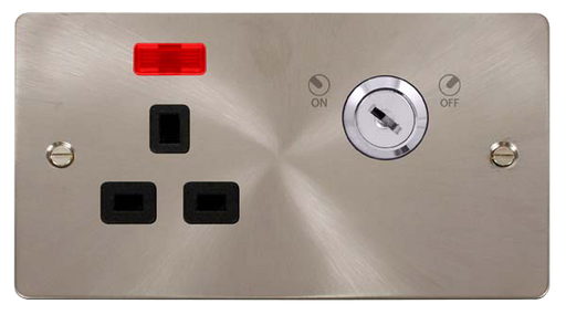 Click Define FPBS655BK Flat Plate 13A Ingot 1G DP Key Lockable Switched Socket + Neon - Brushed Stainless (Black) - westbasedirect.com