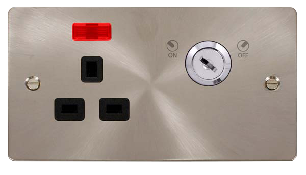 Click Define FPBS655BK Flat Plate 13A Ingot 1G DP Key Lockable Switched Socket + Neon - Brushed Stainless (Black) - westbasedirect.com