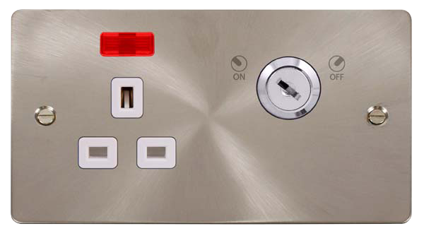 Click Define FPBS655WH Flat Plate 13A Ingot 1G DP Key Lockable Switched Socket + Neon - Brushed Stainless (White) - westbasedirect.com