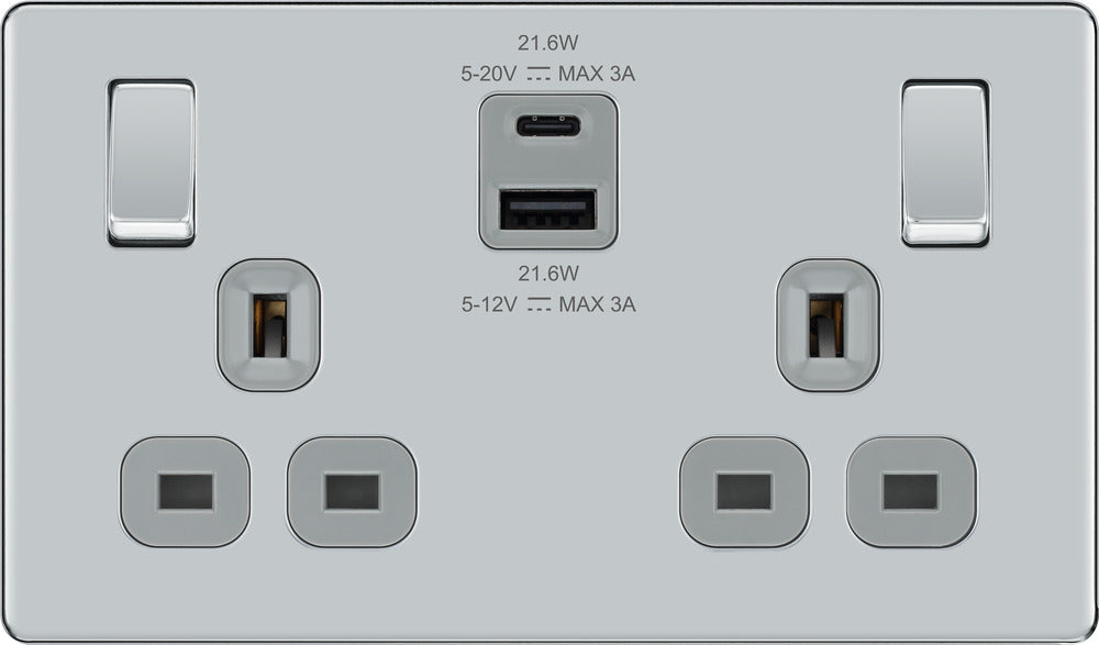 BG FPC22UAC22G Flatplate Screwless 13A Double Switched Power Socket + USB A+C (22W) - Polished Chrome + Grey Insert - westbasedirect.com