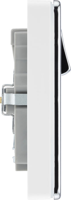 BG FPC22UAC22W Flatplate Screwless 13A Double Switched Power Socket + USB A+C (22W) - Polished Chrome + White Insert - westbasedirect.com
