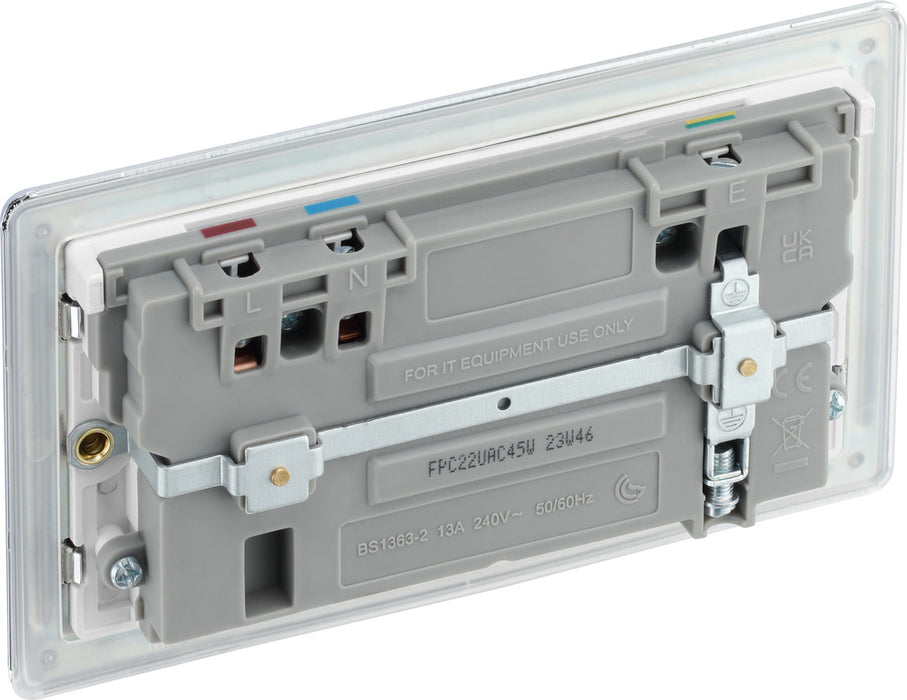 BG FPC22UAC45W Flatplate Screwless 13A Double Switched Power Socket + USB A+C (45W) - Polished Chrome + White Insert - westbasedirect.com