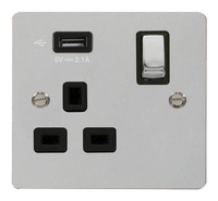 Click Define FPCH571UBK Flat Plate 13A Ingot 1G Switched Socket + 1x2.1A USB - Polished Chrome (Black)