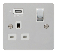 Click Define FPCH571UWH Flat Plate 13A Ingot 1G Switched Socket + 1x2.1A USB - Polished Chrome (White)