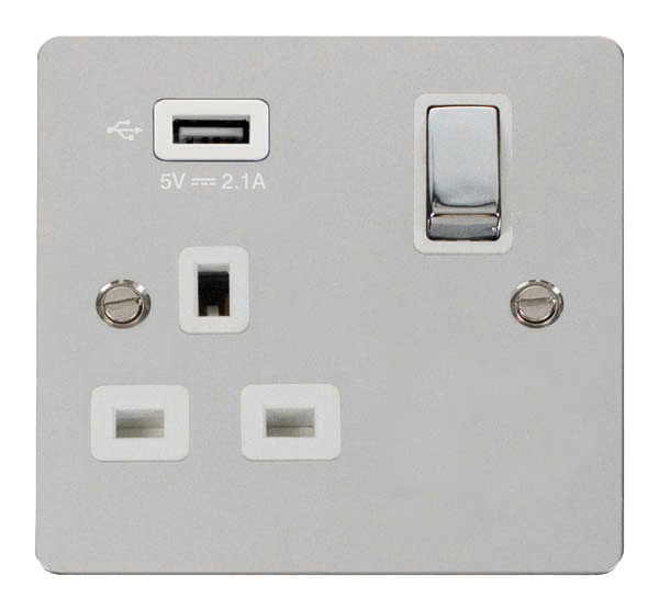 Click Define FPCH571UWH Flat Plate 13A Ingot 1G Switched Socket + 1x2.1A USB - Polished Chrome (White) - westbasedirect.com