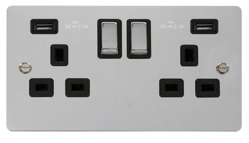 Click Define FPCH580BK Flat Plate 13A Ingot 2G Switched Socket + 2x2.1A USB - Polished Chrome (Black) - westbasedirect.com