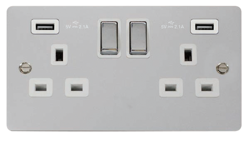 Click Define FPCH580WH Flat Plate 13A Ingot 2G Switched Socket + 2x2.1A USB - Polished Chrome (White) - westbasedirect.com