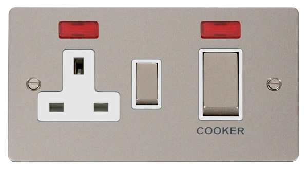 Click Define FPPN505WH Flat Plate 45A Ingot 2G DP Switch + 13A DP Switched Socket + Neon - Pearl Nickel (White) - westbasedirect.com