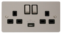 Click Define FPPN570BK Flat Plate 13A Ingot 2G Switched Socket + 1x2.1A USB - Pearl Nickel (Black)