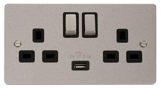 Click Define FPPN570BK Flat Plate 13A Ingot 2G Switched Socket + 1x2.1A USB - Pearl Nickel (Black) - westbasedirect.com