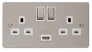 Click Define FPPN570WH Flat Plate 13A Ingot 2G Switched Socket + 1x2.1A USB - Pearl Nickel (White) - westbasedirect.com