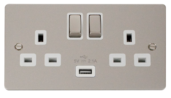Click Define FPPN570WH Flat Plate 13A Ingot 2G Switched Socket + 1x2.1A USB - Pearl Nickel (White) - westbasedirect.com