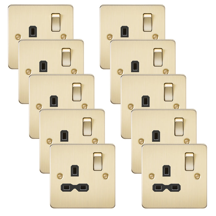 Knightsbridge FPR7000BBx10 Flat Plate 13A 1G DP Switch Socket - Brushed Brass + Black Insert (10 Pack)