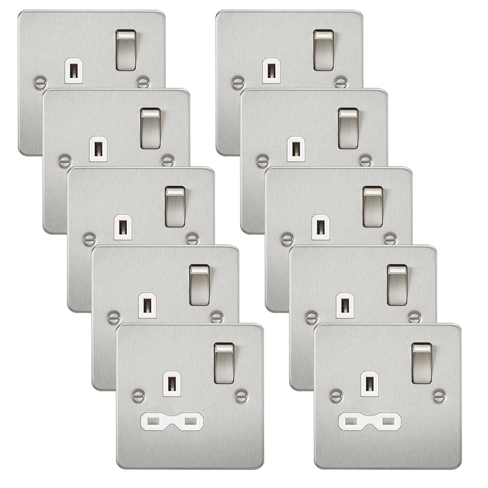 Knightsbridge FPR7000BCWx10 Flat Plate 13A 1G DP Switch Socket - Brushed Chrome + White Insert (10 Pack)
