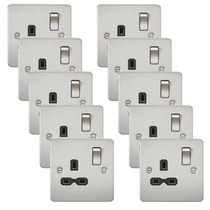 Knightsbridge FPR7000BCx10 Flat Plate 13A 1G DP Switch Socket - Brushed Chrome + Black Insert (10 Pack)