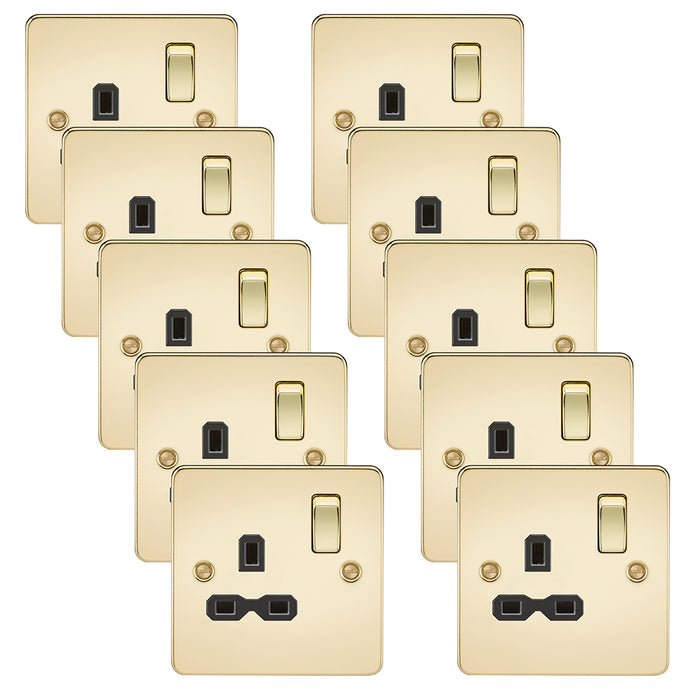 Knightsbridge FPR7000PBx10 Flat Plate 13A 1G DP Switch Socket - Polished Brass + Black Insert (10 Pack)