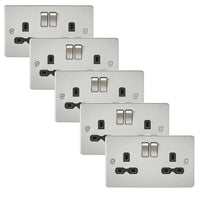 Knightsbridge FPR9000BCx5 Flat Plate 13A 2G DP Switch Socket - Brushed Chrome + Black Insert (5 Pack)