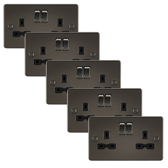 Knightsbridge FPR9000GMx5 Flat Plate 13A 2G DP Switch Socket - Gunmetal + Black Insert (5 Pack)