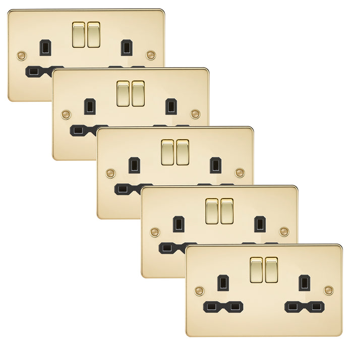Knightsbridge FPR9000PBx5 Flat Plate 13A 2G DP Switch Socket - Polished Brass + Black Insert (5 Pack)