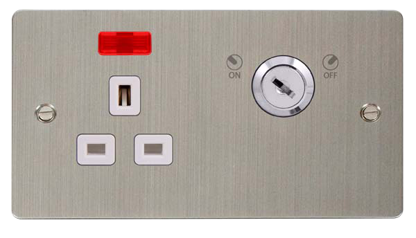 Click Define FPSS655WH Flat Plate 13A Ingot 1G DP Key Lockable Switched Socket + Neon - Stainless Steel (White) - westbasedirect.com