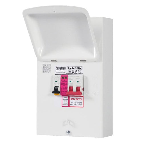 FuseBox EV32ABDZ EV Charger Distribution + 100A Main Switch, Type A 32A Bi-Directional Mini RCBO & T2 SPD - westbasedirect.com