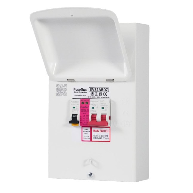 FuseBox EV32ABDZ EV Charger Distribution + 100A Main Switch, Type A 32A Bi-Directional Mini RCBO & T2 SPD - westbasedirect.com