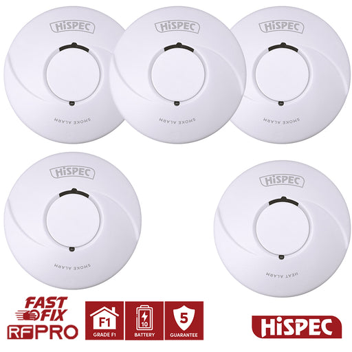 HiSPEC BATTERY Power Radio Frequency 4x Smoke & 1x Heat Detector RF10-PRO with 10Yr Sealed Lithium Battery - westbasedirect.com