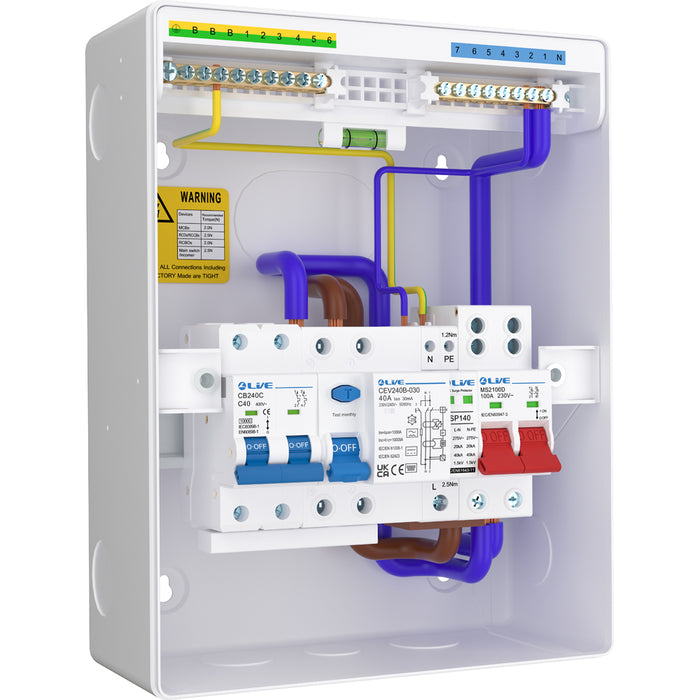 LIVE Electrical LHP840MSB 8 Module Metal Heat Pump Consumer Unit c/w 100A Main Switch, 40A Type B RCCB, 2P 40A C Curve 10kA MCB & T2 20/40kA SPD