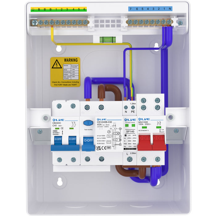 LIVE Electrical LHP840MSB 8 Module Metal Heat Pump Consumer Unit c/w 100A Main Switch, 40A Type B RCCB, 2P 40A C Curve 10kA MCB & T2 20/40kA SPD