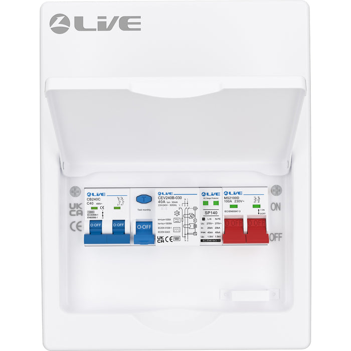 LIVE Electrical LHP840MSB 8 Module Metal Heat Pump Consumer Unit c/w 100A Main Switch, 40A Type B RCCB, 2P 40A C Curve 10kA MCB & T2 20/40kA SPD
