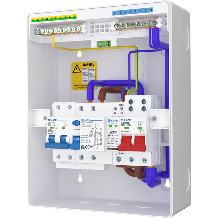 LIVE Electrical LHP840MSB 8 Module Metal Heat Pump Consumer Unit c/w 100A Main Switch, 40A Type B RCCB, 2P 40A C Curve 10kA MCB & T2 20/40kA SPD
