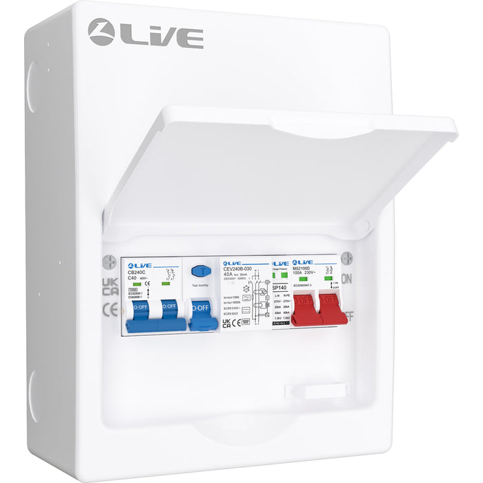 LIVE Electrical LHP840MSB 8 Module Metal Heat Pump Consumer Unit c/w 100A Main Switch, 40A Type B RCCB, 2P 40A C Curve 10kA MCB & T2 20/40kA SPD