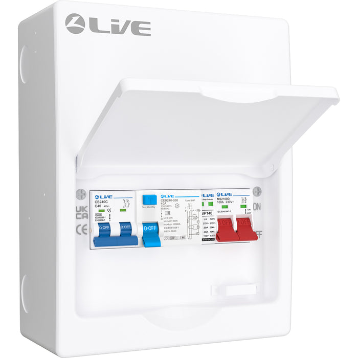 LIVE Electrical LHP840MSE 8 Module Metal Heat Pump Consumer Unit c/w 100A Main Switch, 40A Type B-HP RCCB, 2P 40A C Curve 10kA MCB & T2 20/40kA SPD