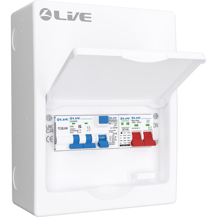 LIVE Electrical LHP840MSF 8 Module Metal Heat Pump Consumer Unit c/w 100A Main Switch, 40A Type F RCD, 2P 40A B Curve 6kA MCB & T2 20/40kA SPD