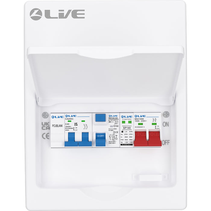 LIVE Electrical LHP840MSF 8 Module Metal Heat Pump Consumer Unit c/w 100A Main Switch, 40A Type F RCD, 2P 40A B Curve 6kA MCB & T2 20/40kA SPD