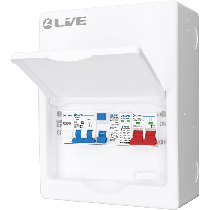 LIVE Electrical LHP840MSF 8 Module Metal Heat Pump Consumer Unit c/w 100A Main Switch, 40A Type F RCD, 2P 40A B Curve 6kA MCB & T2 20/40kA SPD