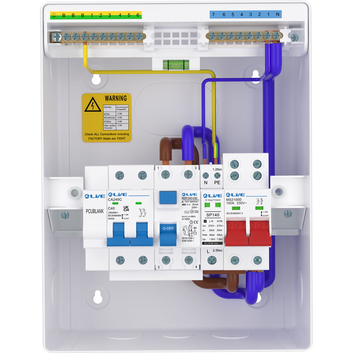 LIVE Electrical LHP840MSF 8 Module Metal Heat Pump Consumer Unit c/w 100A Main Switch, 40A Type F RCD, 2P 40A B Curve 6kA MCB & T2 20/40kA SPD