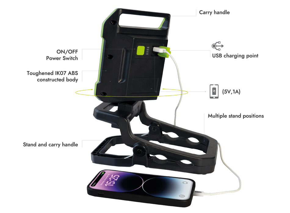 Luceco LILC10G65 Rechargeable Folding Clamp Worklight 1000lm 9W 6500K - USB Charged - westbasedirect.com