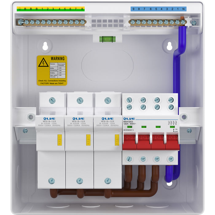 LIVE Electrical LSFS125 Three Phase Metal Fused Switch c/w 4P 125A Main Switch & 3x125A Fuse Holders