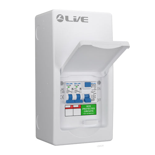 LIVE Electrical LSGU63616 4 Way IP40 Metal Garage Unit with 63A 30mA Type A RCD, B6A/B16A MCB - westbasedirect.com