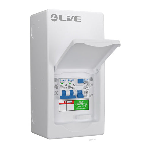 LIVE Electrical LSGU63620 4 Way IP40 Metal Garage Unit with 63A 30mA Type A RCD, B6A/B20A MCB - westbasedirect.com