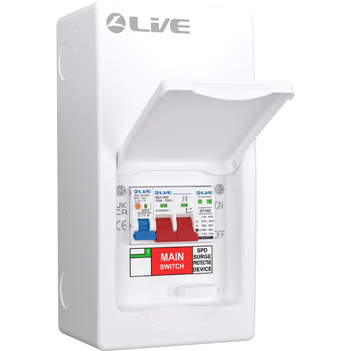 LIVE Electrical LSMC04SRN/100 4 Way Metal Populated SRN Consumer Unit with 100A Main Switch, 20/40kA SPD & 1 RNC DP RCBOs - westbasedirect.com