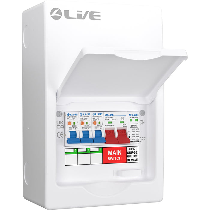 LIVE Electrical LSMC06SRN/100 6 Way Metal Populated SRN Consumer Unit with 100A Main Switch, 20/40kA SPD & 3 RNC DP RCBOs - westbasedirect.com