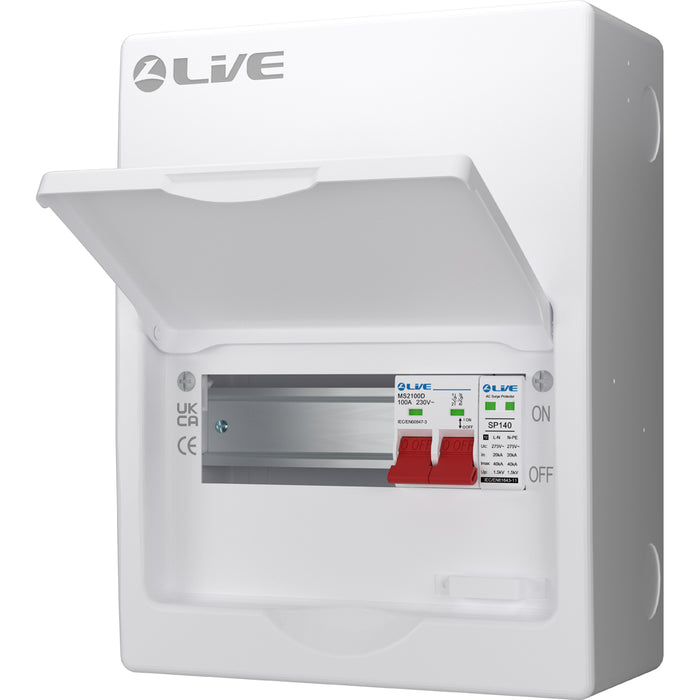 LIVE Electrical LSMC08S-SP 8 Module Metal Clad Consumer Unit c/w 100A Main Switch +20/40kA SPD (5 Usable Way)