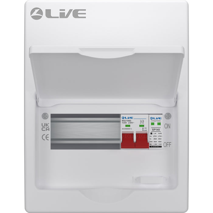 LIVE Electrical LSMC08S-SP 8 Module Metal Clad Consumer Unit c/w 100A Main Switch +20/40kA SPD (5 Usable Way)