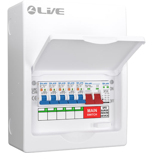 LIVE Electrical LSMC08SRN/100 8 Way Metal Populated SRN Consumer Unit with 100A Main Switch, 20/40kA SPD & 5 RNC DP RCBOs - westbasedirect.com
