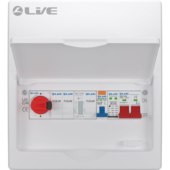 LIVE Electrical LSMC1032-R20 10 Module Metal PV AC Consumer Unit c/w DP 100A Main Switch, 20A Type A RCBO B Curve, 32A AC Isolator & T2 20/40kA SPD