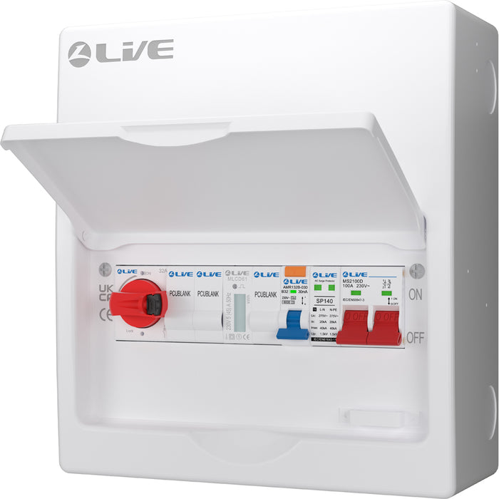 LIVE Electrical LSMC1032-R20 10 Module Metal PV AC Consumer Unit c/w DP 100A Main Switch, 20A Type A RCBO B Curve, 32A AC Isolator & T2 20/40kA SPD