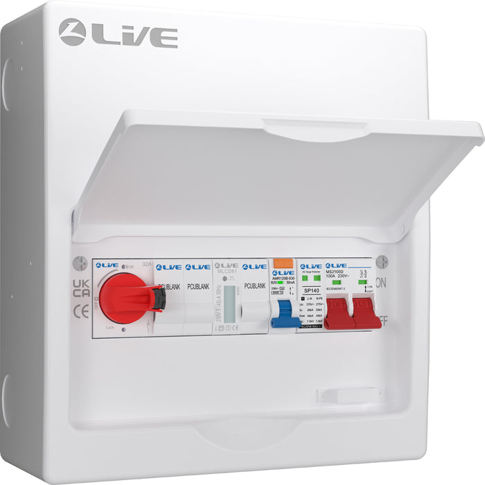 LIVE Electrical LSMC1032-R20 10 Module Metal PV AC Consumer Unit c/w DP 100A Main Switch, 20A Type A RCBO B Curve, 32A AC Isolator & T2 20/40kA SPD
