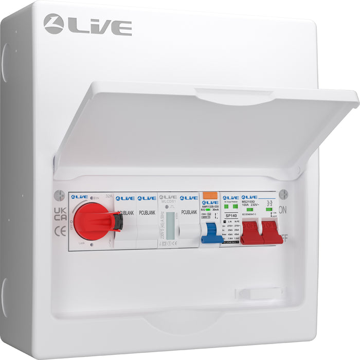 LIVE Electrical LSMC1032-R32 10 Module Metal PV AC Consumer Unit c/w DP 100A Main Switch, 32A Type A RCBO B Curve, 32A AC Isolator & T2 20/40kA SPD
